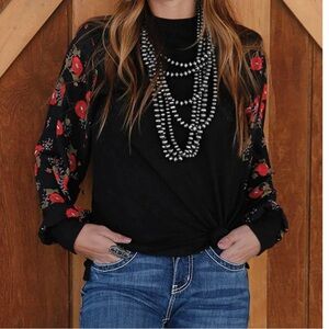 Cruel Denim Women's Long Sleeve black Red Floral Blouse Size M